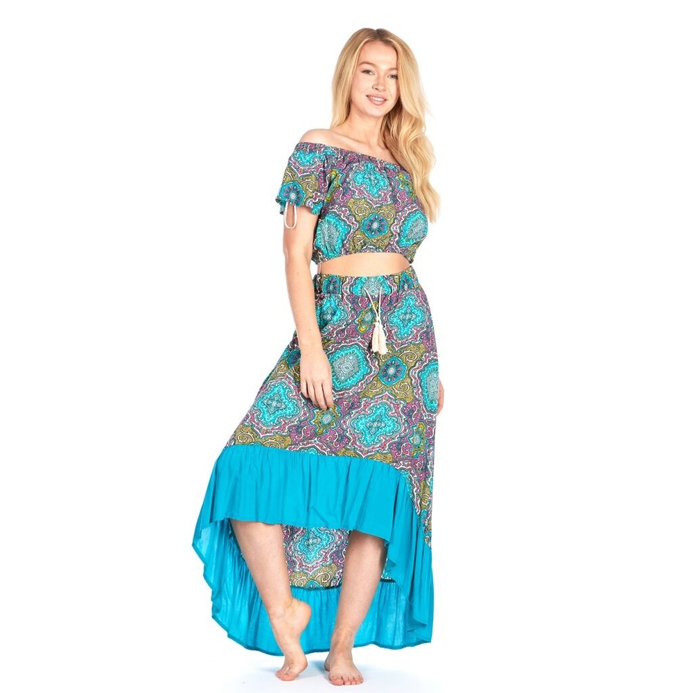 Go Coco Arabesque Off-Shoulder Top & Hi-Low Skirt